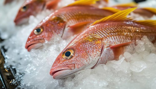 Fresh Goatfish, Red Mullets, And Surmullets Resting On Ice In A Fish Shop Or Market. Gorgeous