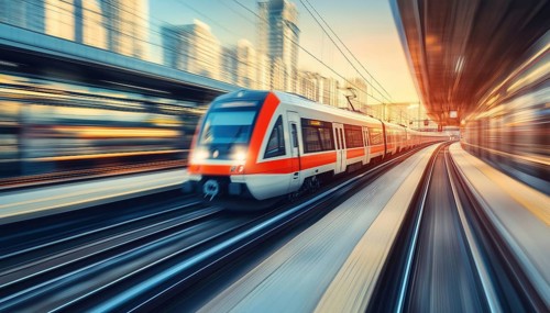Motion Blur Effect Transportation: City Train Drives On Railroad At The Platform Train Station On A