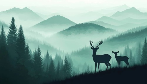 Horizontal Silhouette Of Deer Family Standing On Hill With Forest And Mountains In Enchanting Misty
