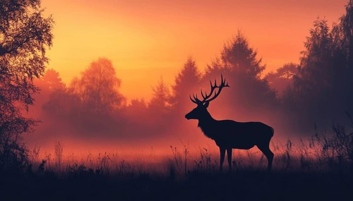 Ethereal Deer Silhouette On Meadow In Enchanted Forest: Magical Misty Landscape With Trees, Grass,