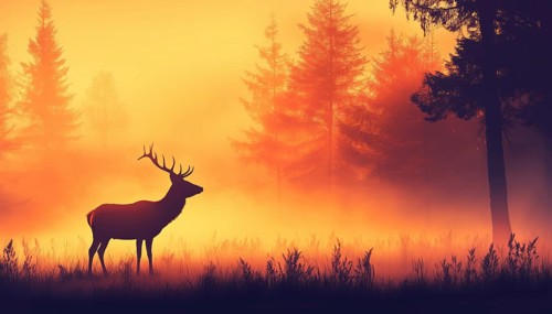 Silhouette Of Deer Standing In Meadow In Forest: Animal, Trees, Grass. Magical Misty Landscape With