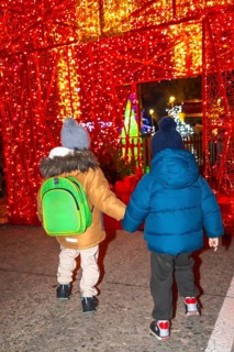 Two young boys holding hands walking through a christmas light display in bayonne, france at night