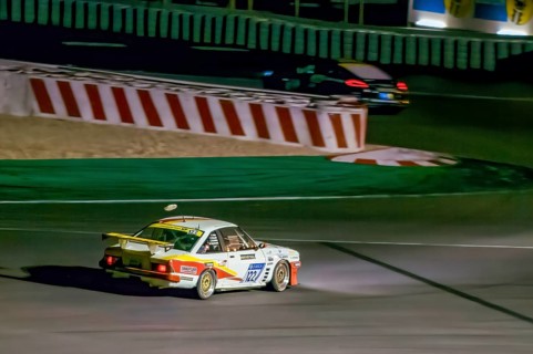 Beckmann-Opel Manta B with foxtail at night on the Nürburgring race track race track Grand Prix