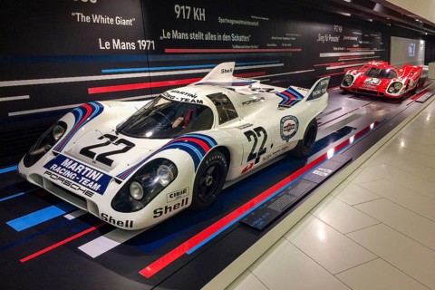 In the front, historic Porsche 917 No. 22 racing car with magnesium cage by racing driver Dr Helmut