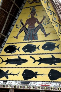 Traditional painting symbolism with depiction of a woman at traditional meeting house, Republic of