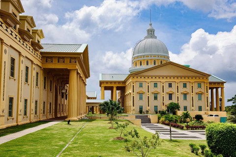Side view from right Capitol of Republic of Palau, seat of Olbiil Era Kelulau Government of Palau