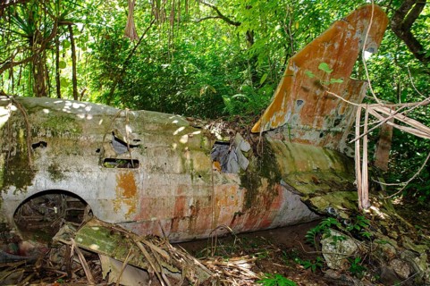 Vertical stabiliser and part of fuselage of WW II bomber Mitsubishi G4M1 US code name Betty from