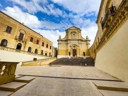 View of the forecourt and steps in front of St Marija's Cathedral in Gozo Citadel, Ir-Rabat