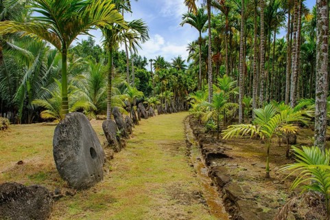 Oversized large giant stone coins real currency in stone money bank stone money bank in jungle of