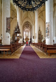 Historic Catholic parish church of St. Nicholas and Elisabeth with the pulpit, interior, interior,