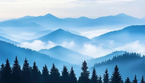 Pine Trees Forest Fading Into The Distance On Light Blue Mountains In Dense Fog - A Beautiful Scene