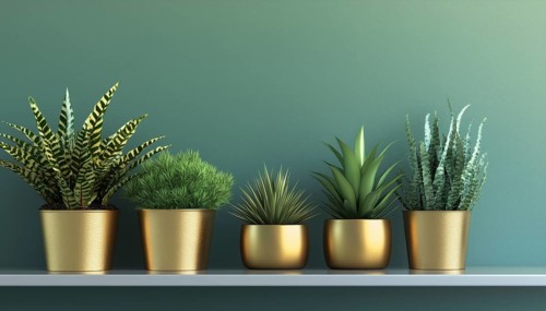 Golden Pots Holding Plants Displayed On A Shelf With Space For Copy. A Decorative Display Of Potted