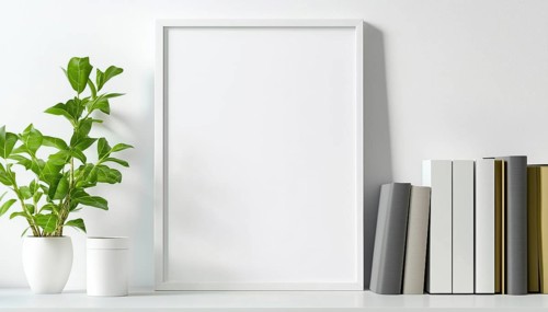 Bright White Frame Mockup Displayed On A Bookshelf - Minimalist Design With A Fresh, Clean