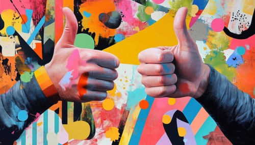 Modern Art Collage Featuring Thumbs Up Gestures By Hands On A Memphis Design Poster. Exploring The
