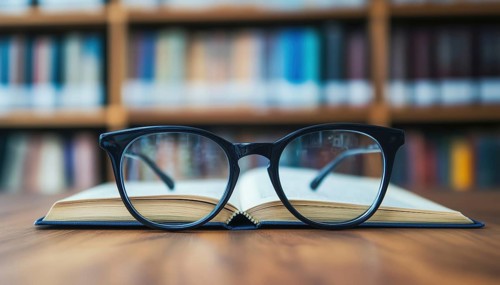 Education: Close-Up Shot Of Eyeglasses Resting On Wooden Desk Next To Book In Library, Symbolizing