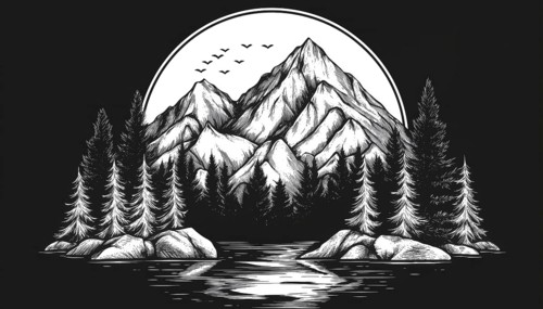 Exploring The Serene Beauty Of The Forest Mountain In Mono Art: A Badge Patch Pin Graphic Art