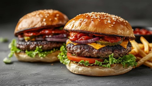Close-Up Side View Of Two Large, Mouthwatering Burgers And French Fries On A Gray Background.