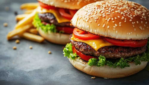 Close-Up View Of Two Large, Delicious Burgers And French Fries On A Gray Background. Side View