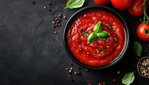 Classic Italian Tomato Sauce With Fresh Basil And Peppercorns On A Dark Background With Ingredients