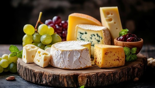 Assortment Of Cheese And Grapes On A Wooden Platter: Side View Featuring Various Types Of Cheese