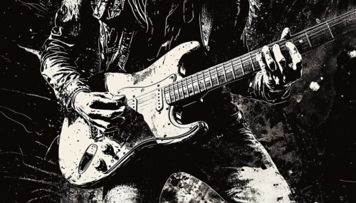 Monochrome Rockstar Musician Guitar And Drum In Mezzotint Photocopy Effect For Grunge Punk Y2k