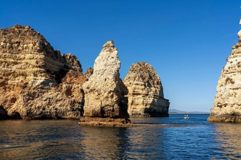 Ponta da Piedade rocky coast, rugged coastal landscape, right next to the centre of Lagos, in the