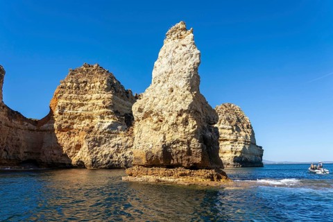 Ponta da Piedade rocky coast, rugged coastal landscape, right next to the centre of Lagos, in the