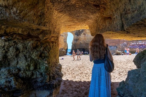 Beaches on the rocky coast of Ponta da Piedade, rugged coastal landscape, right next to Lagos town