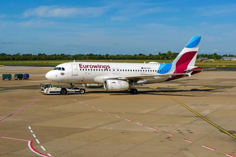 Düsseldorf, North Rhine-Westphalia, Germany - Düsseldorf Airport, Eurowings aircraft being towed by