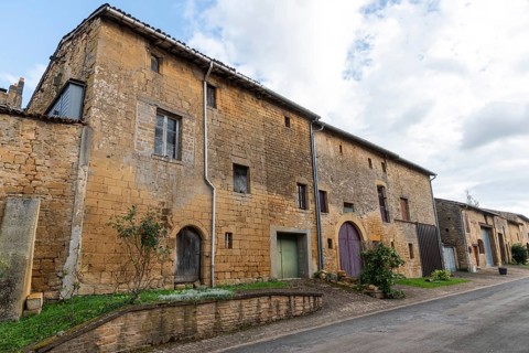 Abandoned street with historic house facades, yellow sandstone, Marville, Renaissance village,