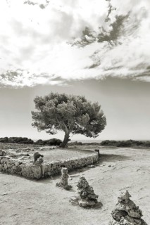 A solitary pine tree stands in a rocky landscape under an expansive sky in a monochrome painting,