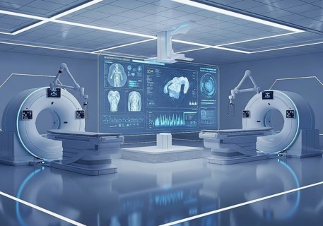 High-tech medical imaging lab with two PET-CT scanners, robotic arms, and a large holographic