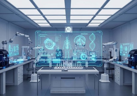High-tech medical imaging lab with two PET-CT scanners, robotic arms, and a large holographic