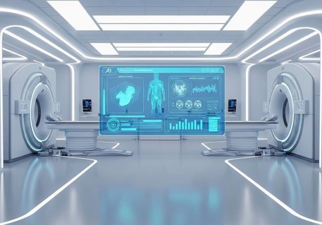 High-tech medical imaging lab with two PET-CT scanners, robotic arms, and a large holographic