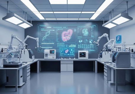 High-tech medical imaging lab with two PET-CT scanners, robotic arms, and a large holographic
