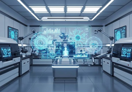 High-tech medical imaging lab with two PET-CT scanners, robotic arms, and a large holographic