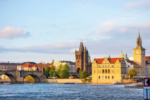 View of old town with Charles Bridge (Karluv Most) on Vltava river and Old Town Bridge Tower,