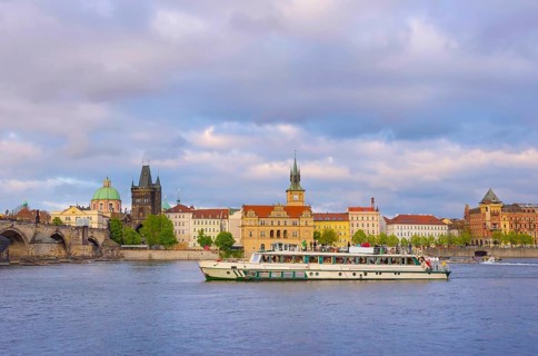 View of old town with Charles Bridge (Karluv Most) on Vltava river and Old Town Bridge Tower,