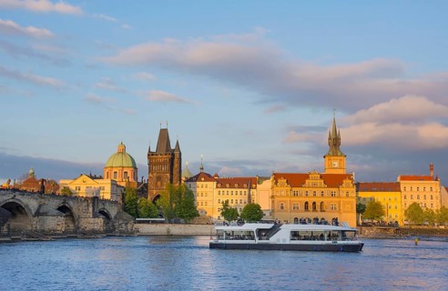 View of old town with Charles Bridge (Karluv Most) on Vltava river and Old Town Bridge Tower,