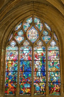 Colourful stained glass windows, Saint-Nicolas church, Marville, Renaissance village, Département
