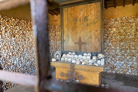 Skulls, skeletons, ossuary, Saint-Hilaire cemetery, Marville, Renaissance village, Département