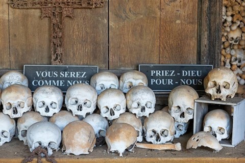 Skulls, skeletons, ossuary, Saint-Hilaire cemetery, Marville, Renaissance village, Département