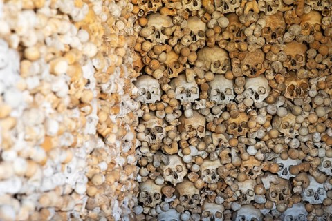 Skulls, skeletons, ossuary, Saint-Hilaire cemetery, Marville, Renaissance village, Département