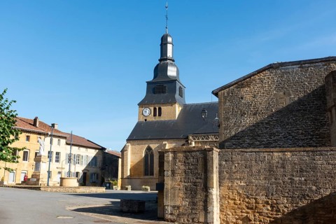 Village square, Saint-Nicolas church, Marville, Renaissance village, Département Meuse, Grand Est,