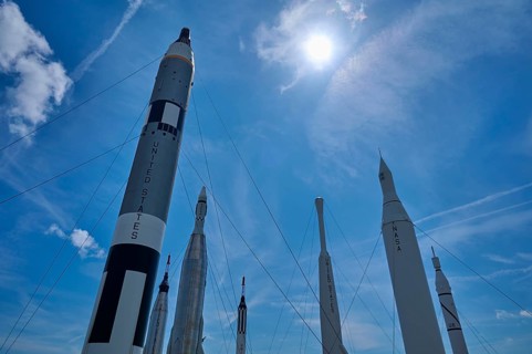 Rockets in a formation under bright sunshine and blue sky, Kennedy Space Centre Visitor Complex,