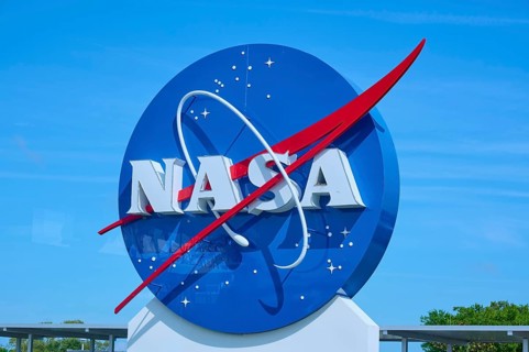 Large NASA logo on blue background with red tail, Kennedy Space Centre Visitor Complex, Merritt