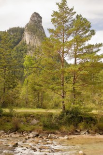 View of the Kofel, mountain, river, Oberammergau, Catholic, Ammergau, Ammergau Alps, Upper Bavaria,