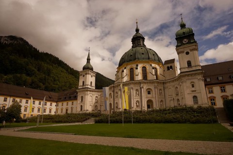 Ettal Monastery, Benedictine Abbey, inner courtyard, Upper Bavaria, Bavaria,