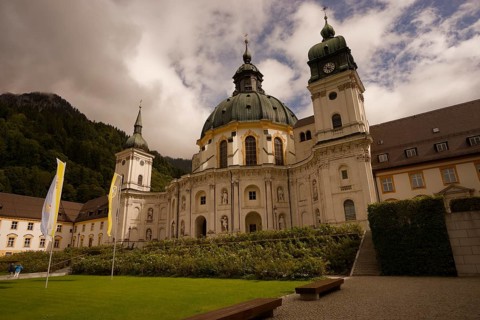 Ettal Monastery, Benedictine Abbey, inner courtyard, Upper Bavaria, Bavaria,