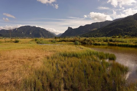Pulvermoos between Oberammergau and Unterammergau with views of Kofel and Laber, mountain hiking,